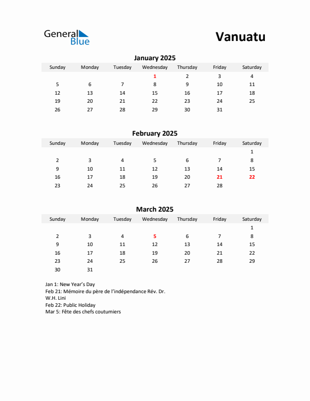 Printable Quarterly Calendar with Notes and Vanuatu Holidays- Q1 of 2025
