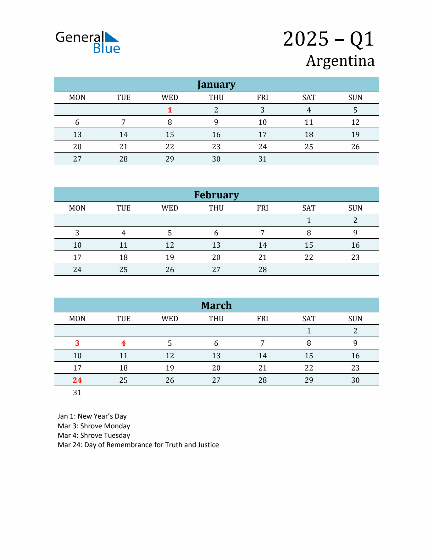 Three-Month Planner for Q1 2025 with Holidays - Argentina