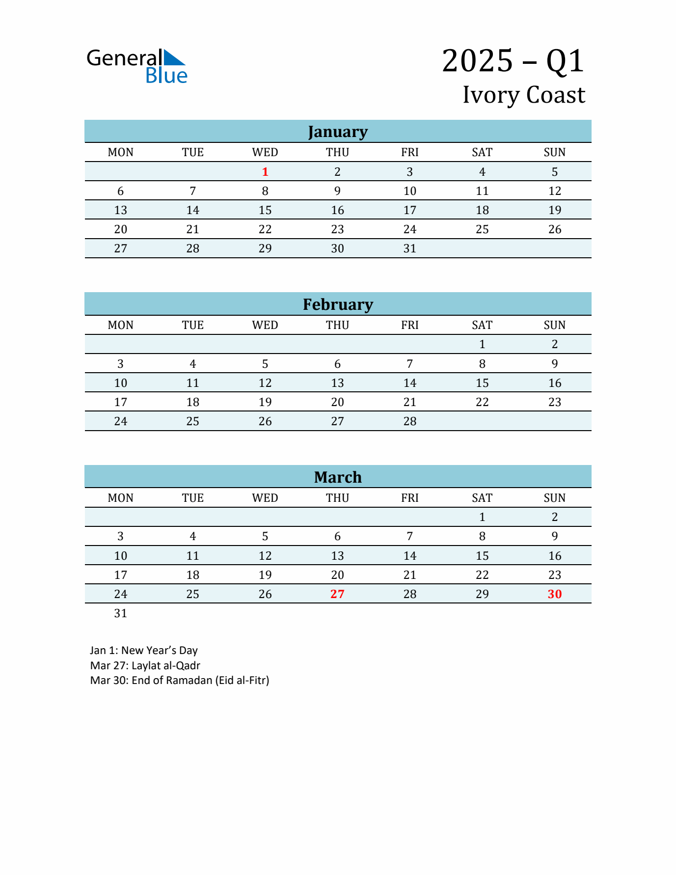 Three-Month Planner for Q1 2025 with Holidays - Ivory Coast