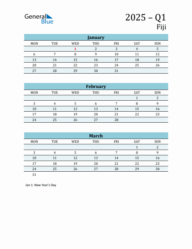 Three-Month Planner for Q1 2025 with Holidays - Fiji