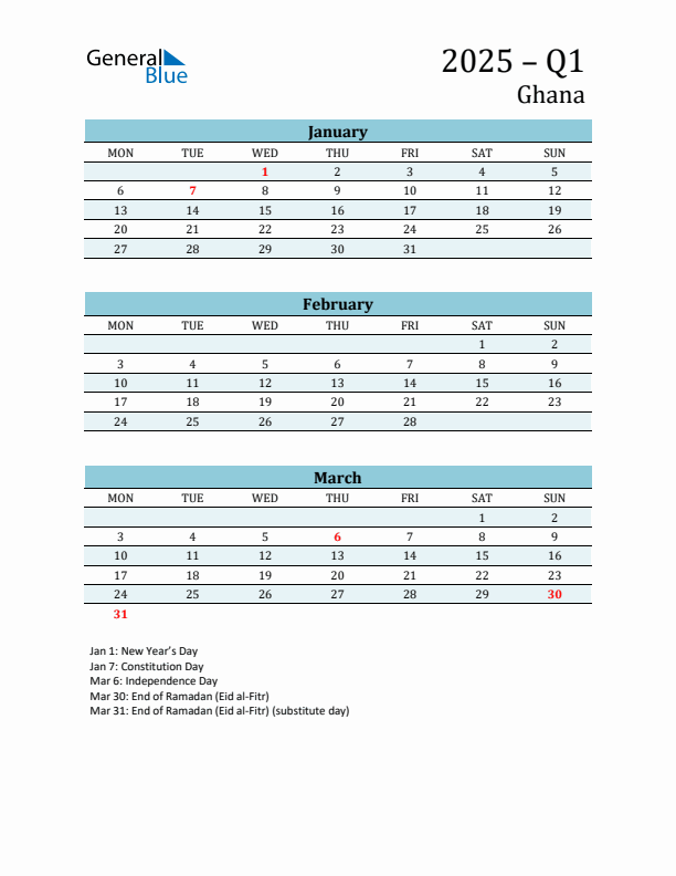 Three-Month Planner for Q1 2025 with Holidays - Ghana