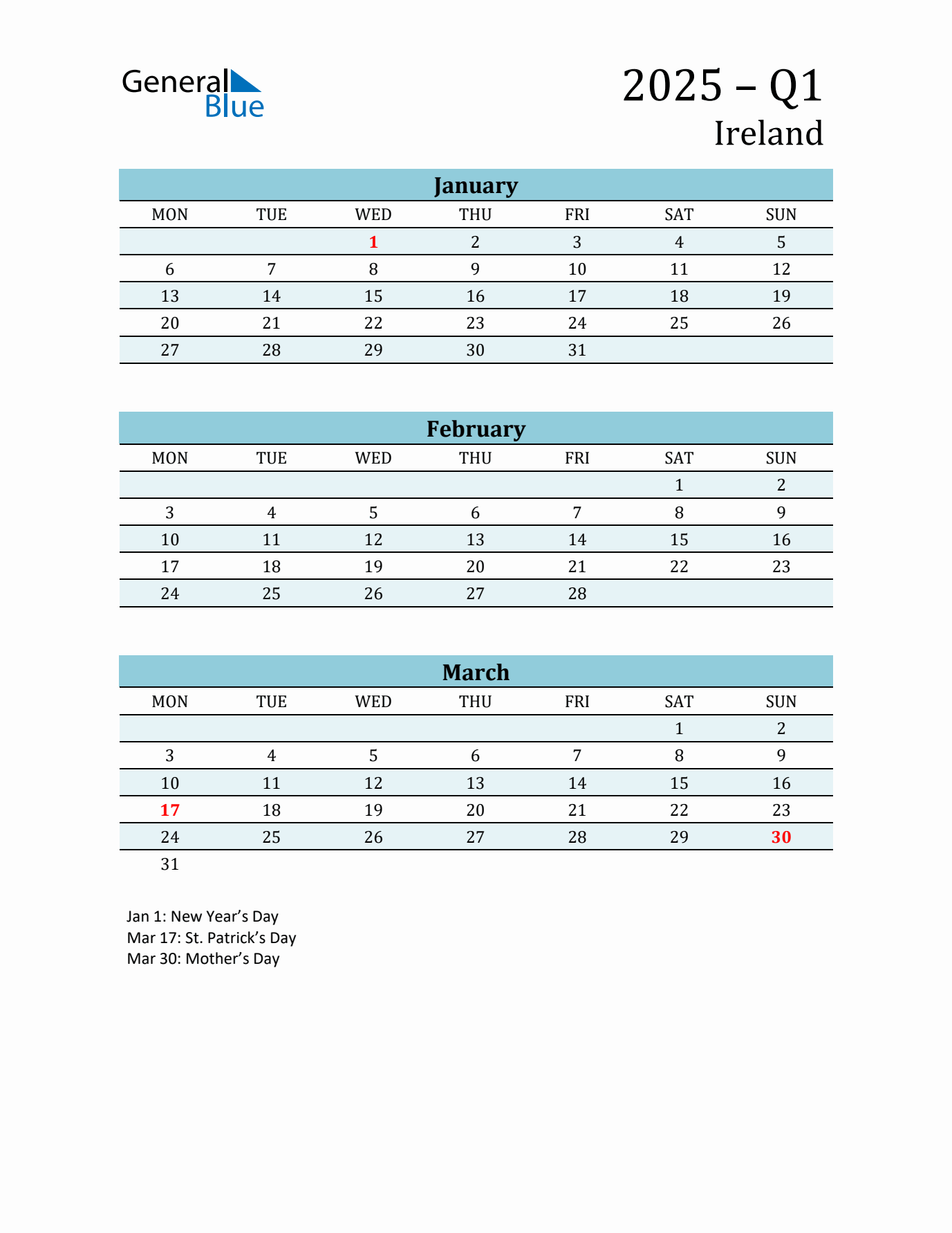 Three-Month Planner for Q1 2025 with Holidays - Ireland