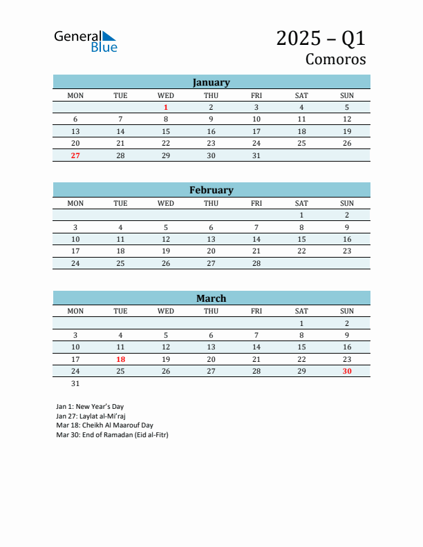 Three-Month Planner for Q1 2025 with Holidays - Comoros