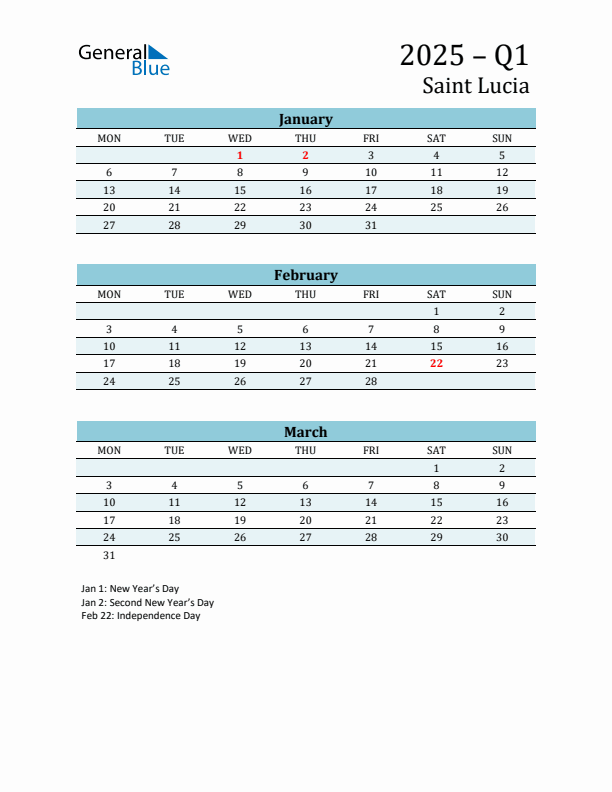 Three-Month Planner for Q1 2025 with Holidays - Saint Lucia
