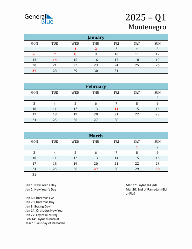 Three-Month Planner for Q1 2025 with Holidays - Montenegro