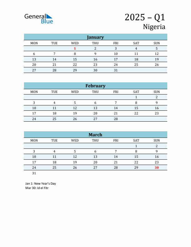 Three-Month Planner for Q1 2025 with Holidays - Nigeria