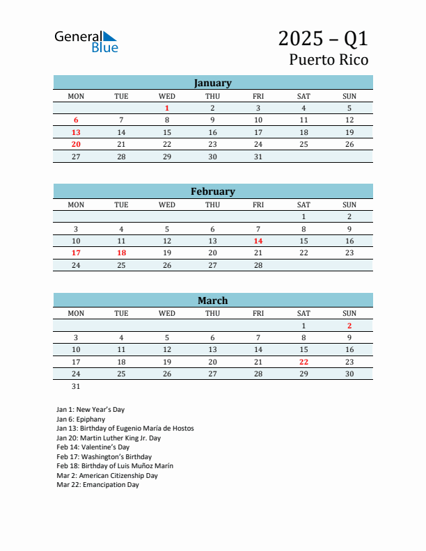 Three-Month Planner for Q1 2025 with Holidays - Puerto Rico