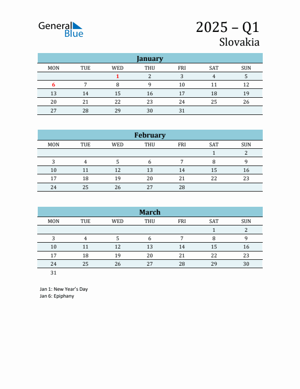 Three-Month Planner for Q1 2025 with Holidays - Slovakia