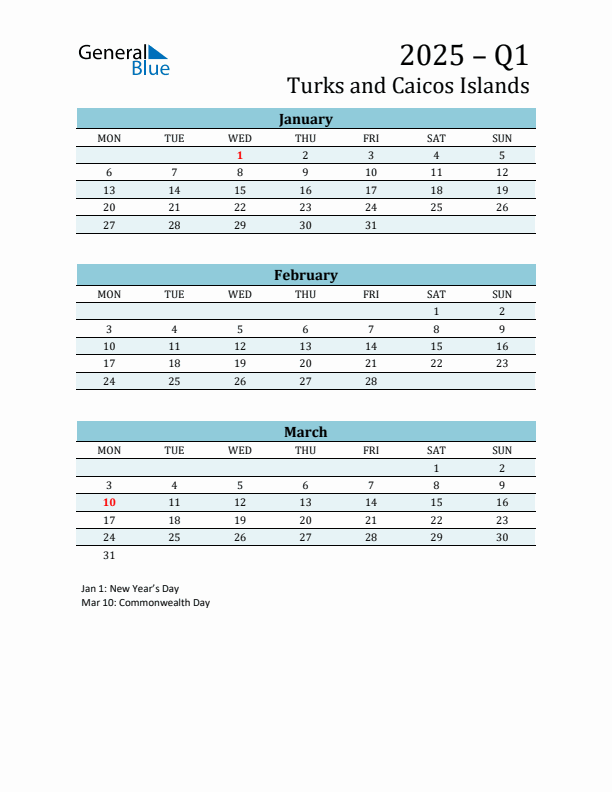 Three-Month Planner for Q1 2025 with Holidays - Turks and Caicos Islands