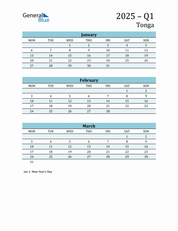Three-Month Planner for Q1 2025 with Holidays - Tonga