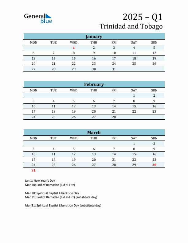 Three-Month Planner for Q1 2025 with Holidays - Trinidad and Tobago