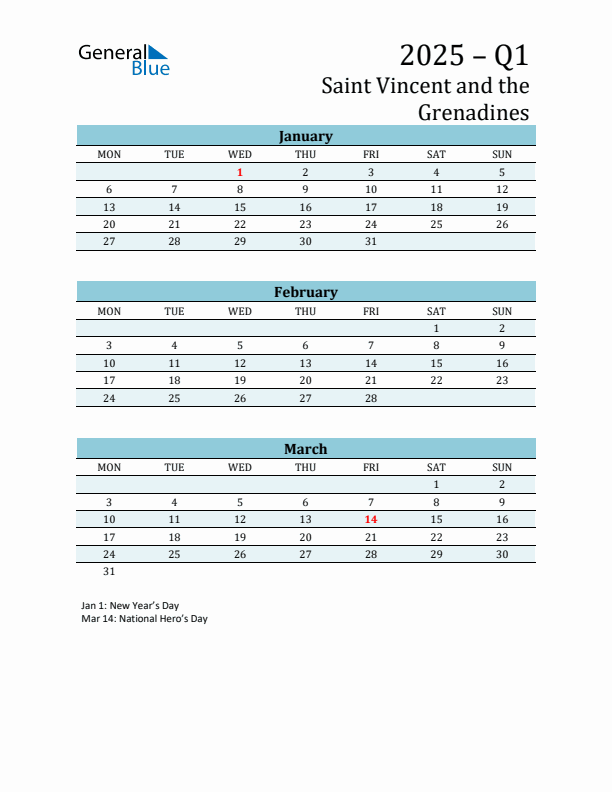 Three-Month Planner for Q1 2025 with Holidays - Saint Vincent and the Grenadines