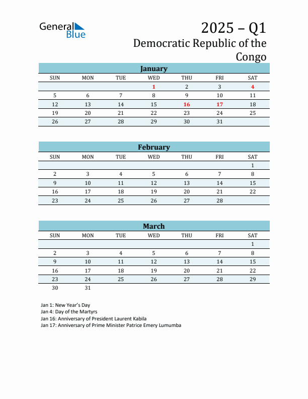 Three-Month Planner for Q1 2025 with Holidays - Democratic Republic of the Congo