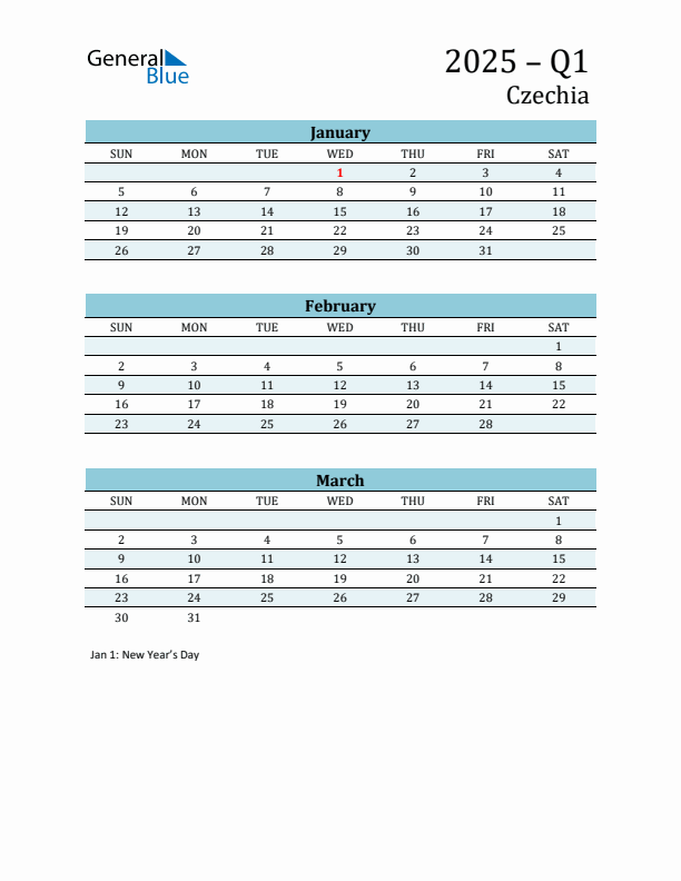 Three-Month Planner for Q1 2025 with Holidays - Czechia
