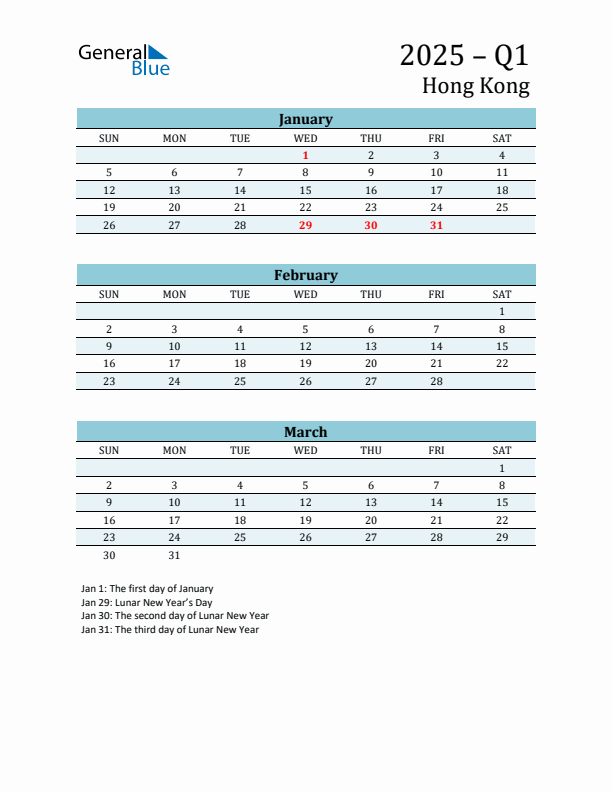 Three-Month Planner for Q1 2025 with Holidays - Hong Kong