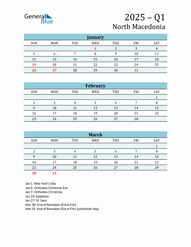 Three-Month Planner for Q1 2025 with Holidays - North Macedonia