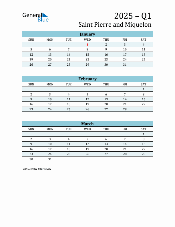 Three-Month Planner for Q1 2025 with Holidays - Saint Pierre and Miquelon