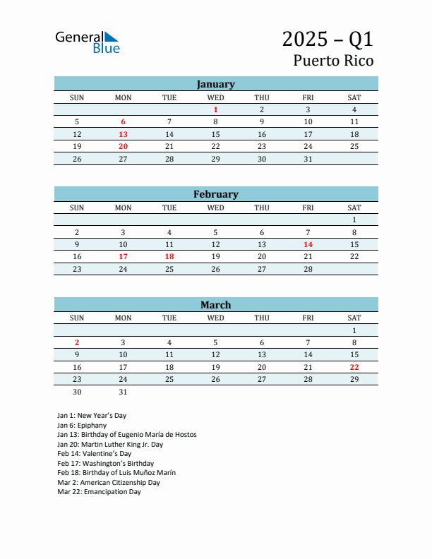 Three-Month Planner for Q1 2025 with Holidays - Puerto Rico