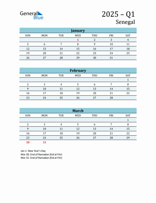Three-Month Planner for Q1 2025 with Holidays - Senegal