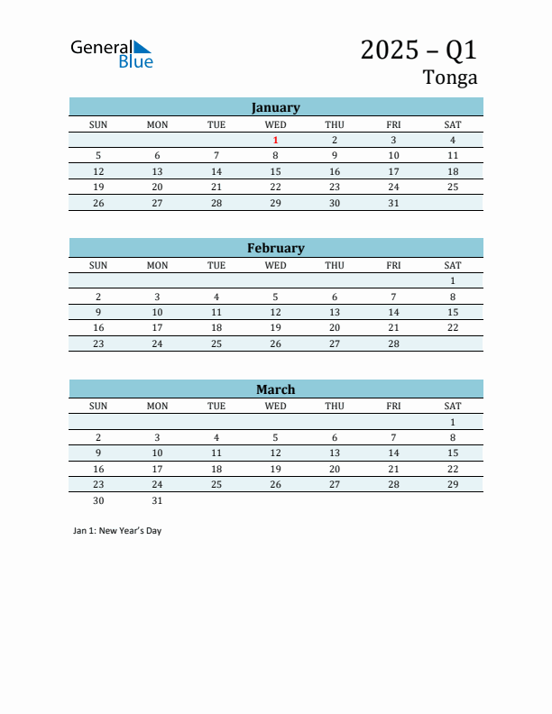 Three-Month Planner for Q1 2025 with Holidays - Tonga
