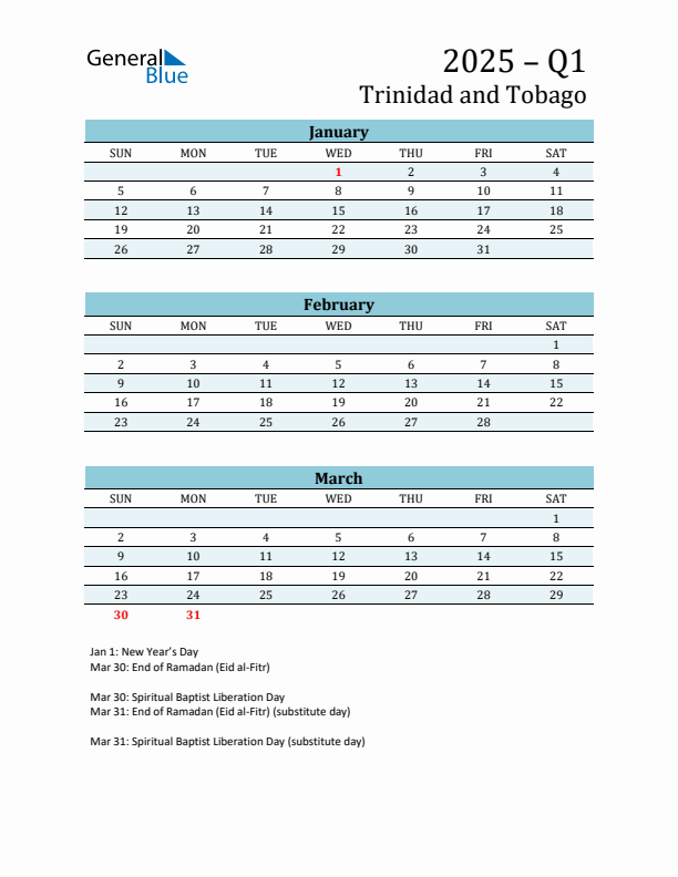 Three-Month Planner for Q1 2025 with Holidays - Trinidad and Tobago