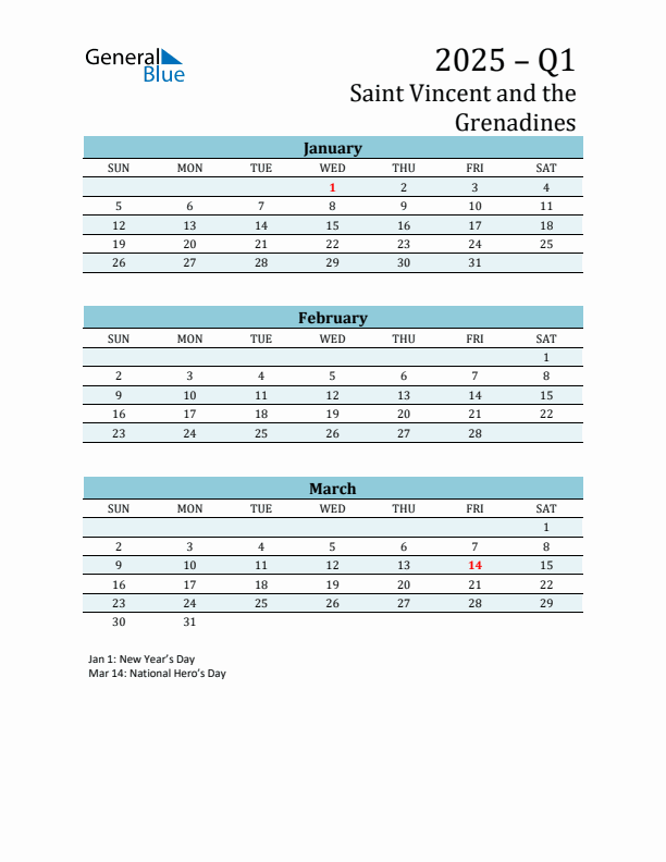 Three-Month Planner for Q1 2025 with Holidays - Saint Vincent and the Grenadines