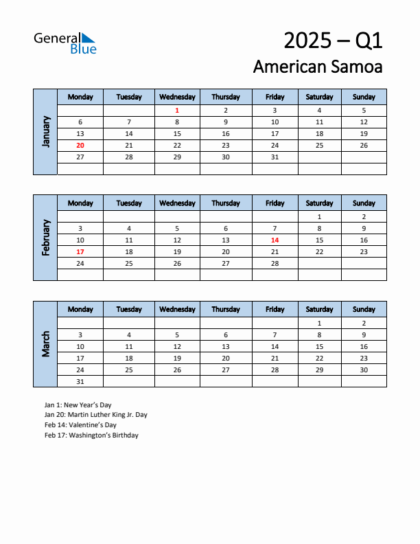Free Q1 2025 Calendar for American Samoa - Monday Start