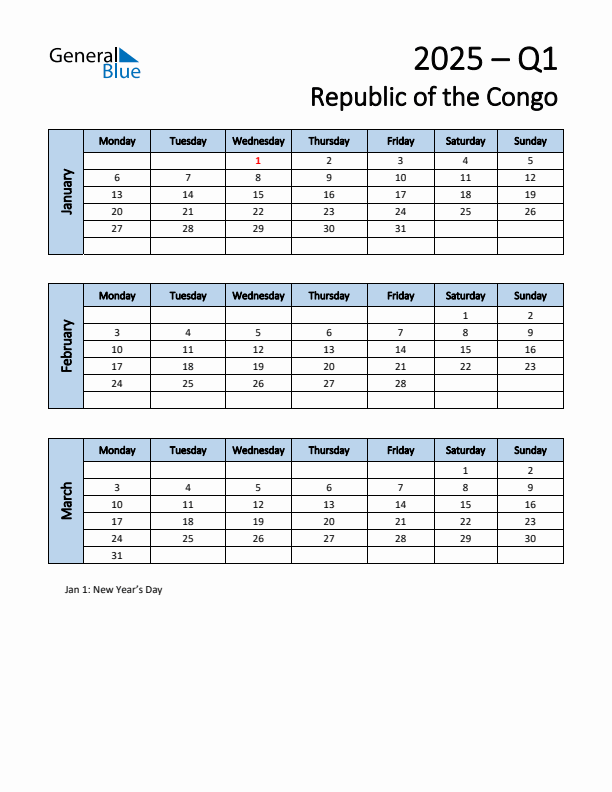 Free Q1 2025 Calendar for Republic of the Congo - Monday Start