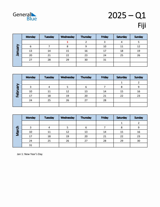 Free Q1 2025 Calendar for Fiji - Monday Start