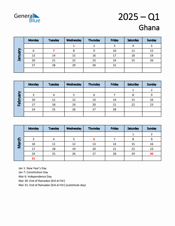 Free Q1 2025 Calendar for Ghana - Monday Start
