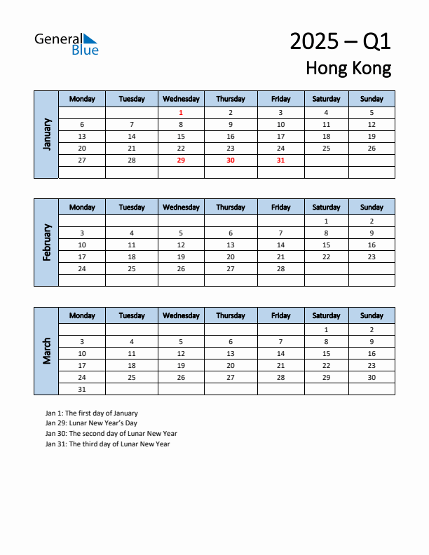 Free Q1 2025 Calendar for Hong Kong - Monday Start