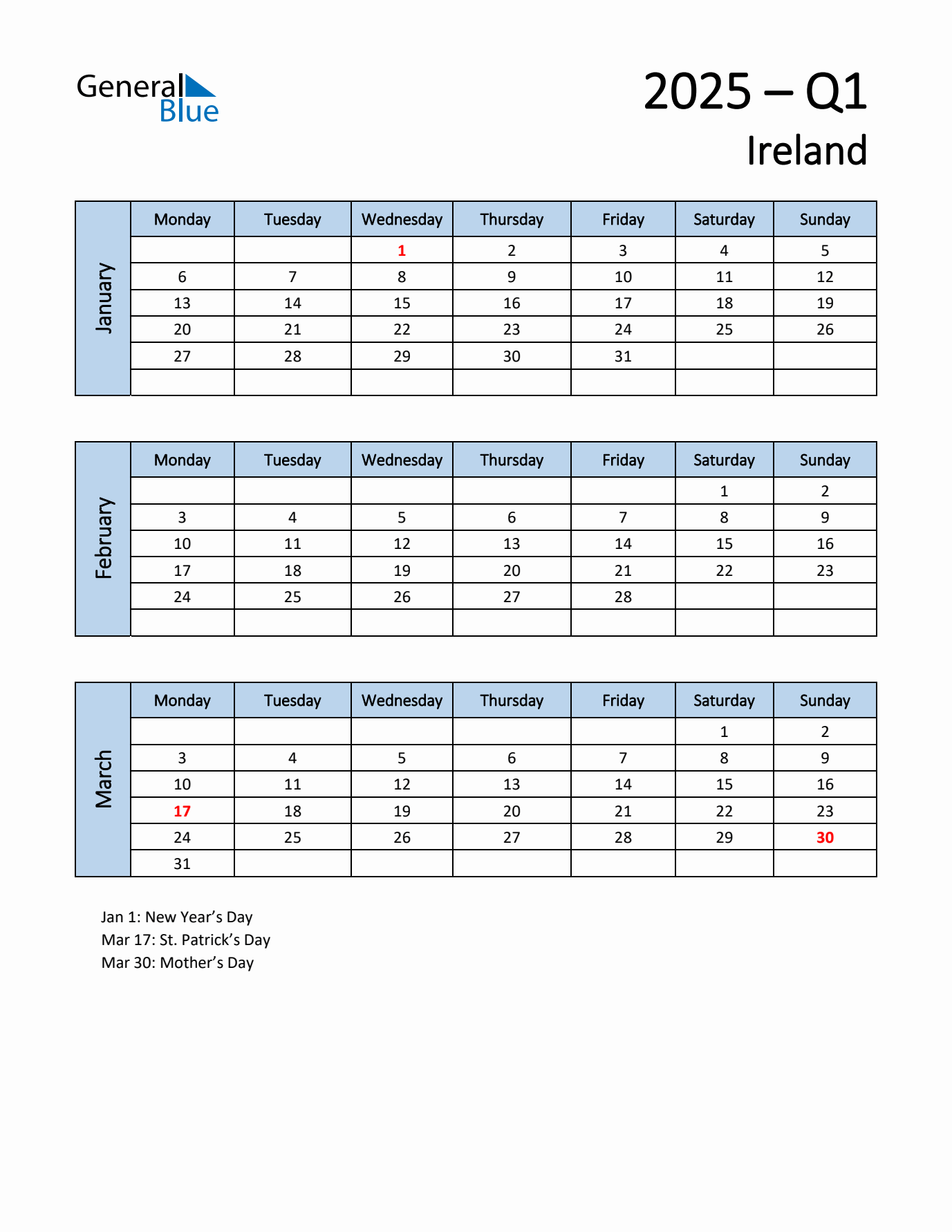 Free Q1 2025 Calendar for Ireland - Monday Start