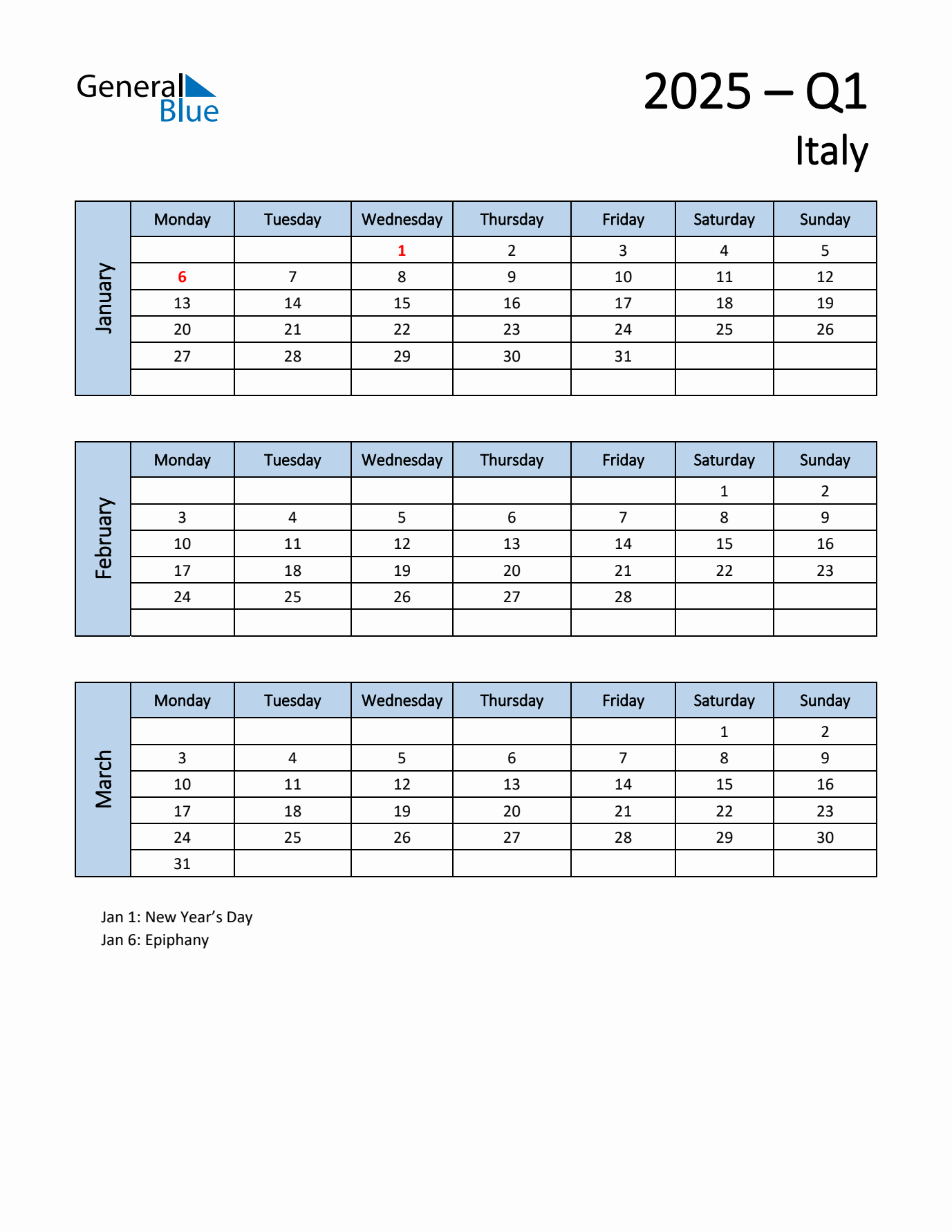 Free Q1 2025 Calendar for Italy - Monday Start