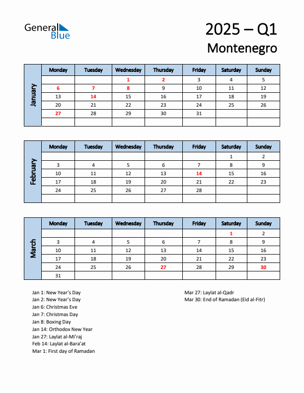 Free Q1 2025 Calendar for Montenegro - Monday Start
