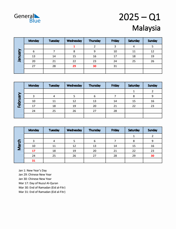 Free Q1 2025 Calendar for Malaysia - Monday Start