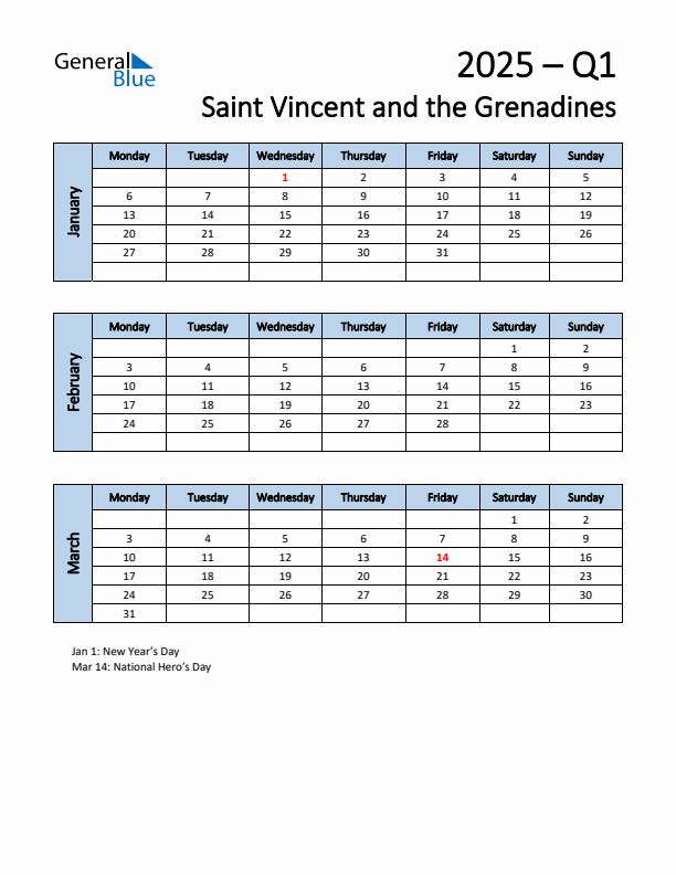 Free Q1 2025 Calendar for Saint Vincent and the Grenadines - Monday Start