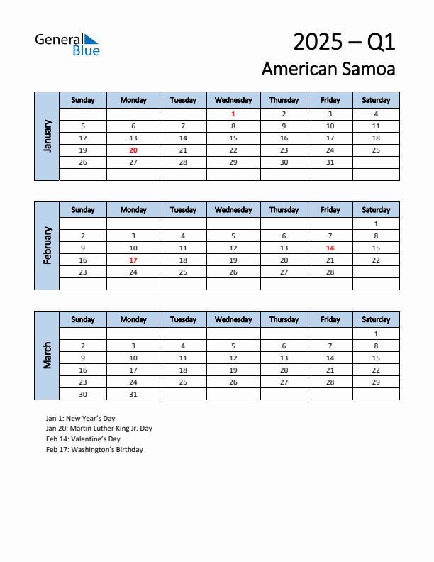 Free Q1 2025 Calendar for American Samoa - Sunday Start