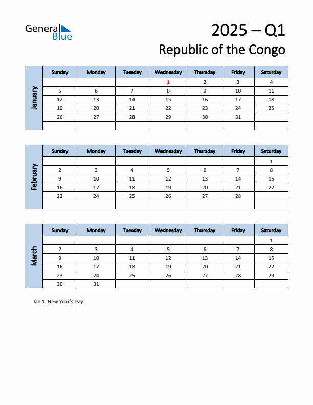 Free Q1 2025 Calendar for Republic of the Congo - Sunday Start