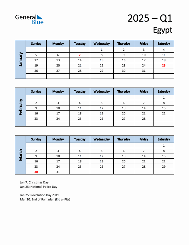Free Q1 2025 Calendar for Egypt - Sunday Start