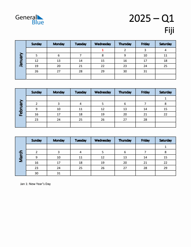 Free Q1 2025 Calendar for Fiji - Sunday Start