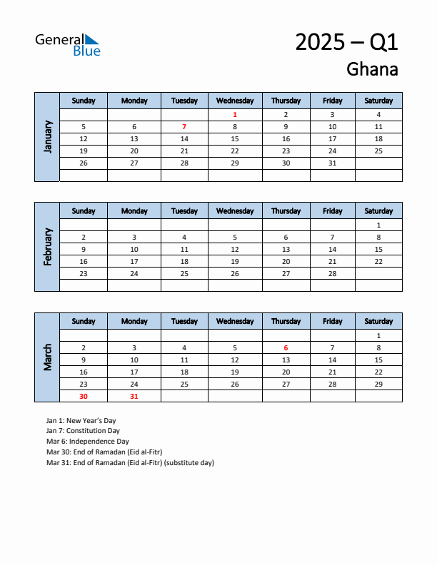Free Q1 2025 Calendar for Ghana - Sunday Start