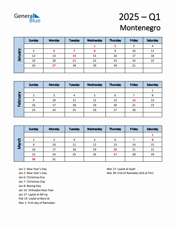 Free Q1 2025 Calendar for Montenegro - Sunday Start