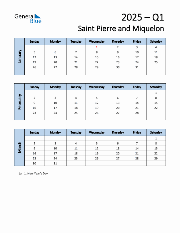 Free Q1 2025 Calendar for Saint Pierre and Miquelon - Sunday Start