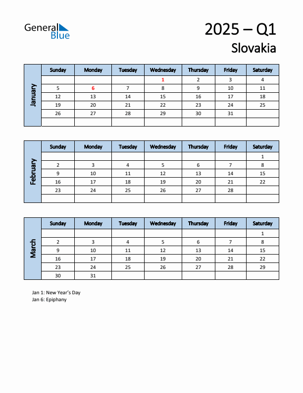 Free Q1 2025 Calendar for Slovakia - Sunday Start