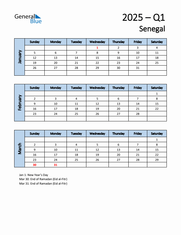 Free Q1 2025 Calendar for Senegal - Sunday Start