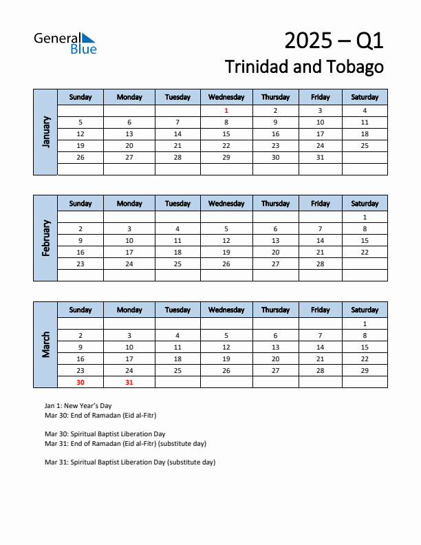 Free Q1 2025 Calendar for Trinidad and Tobago - Sunday Start