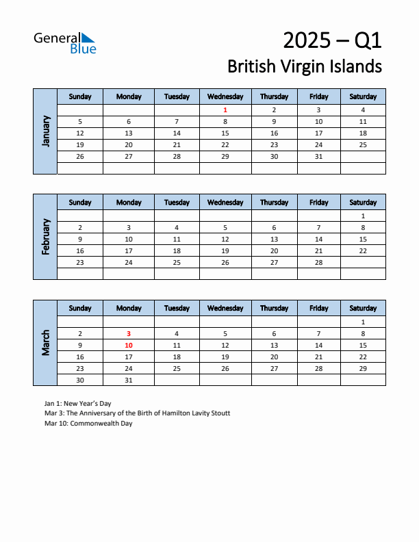 Free Q1 2025 Calendar for British Virgin Islands - Sunday Start