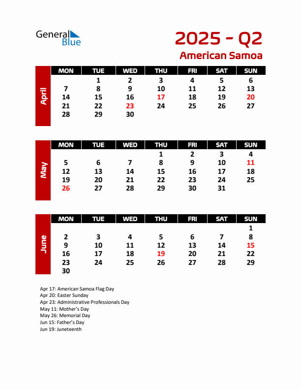 Q2 2025 Calendar with Holidays in American Samoa
