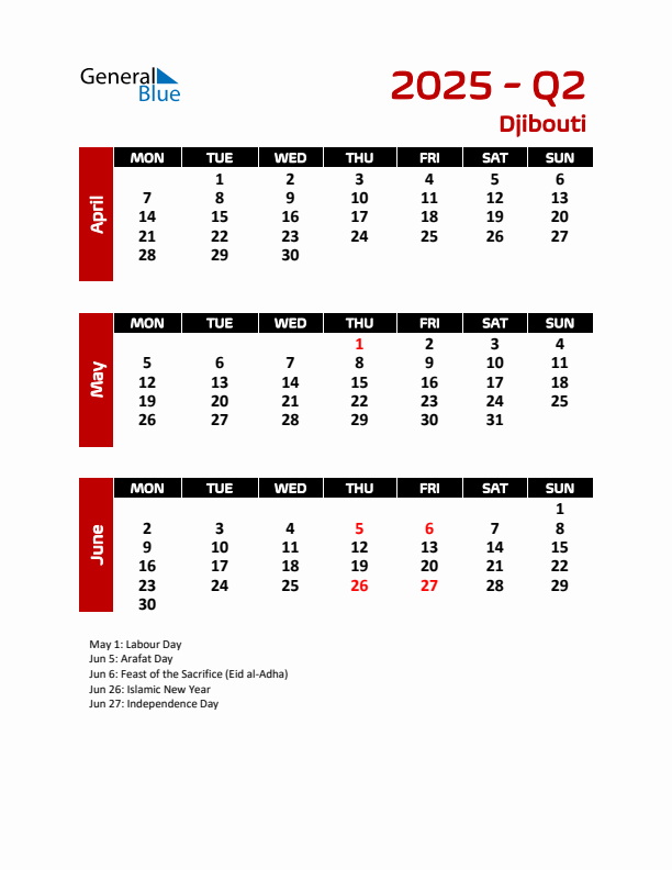 Q2 2025 Calendar with Holidays in Djibouti