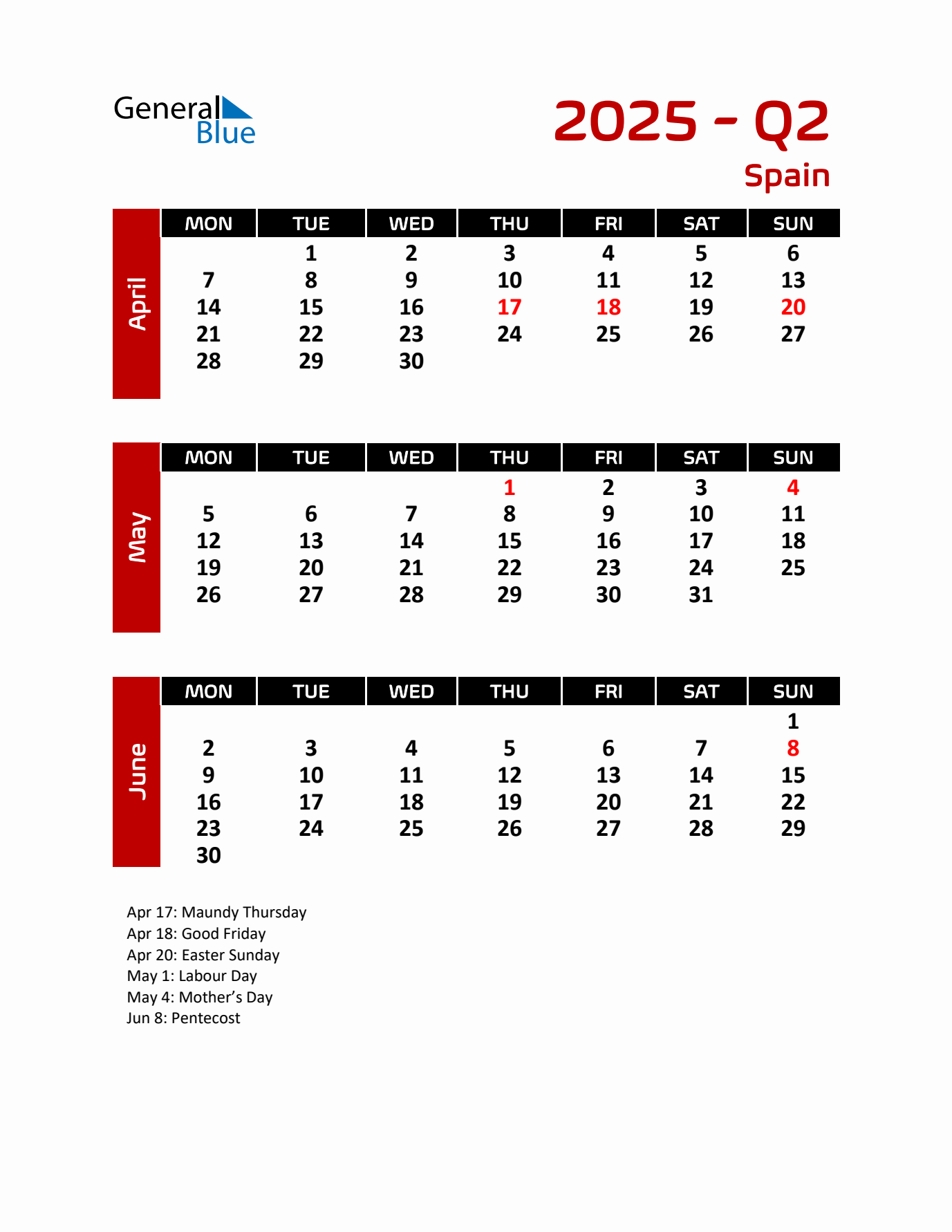 Q2 2025 Calendar with Holidays in Spain